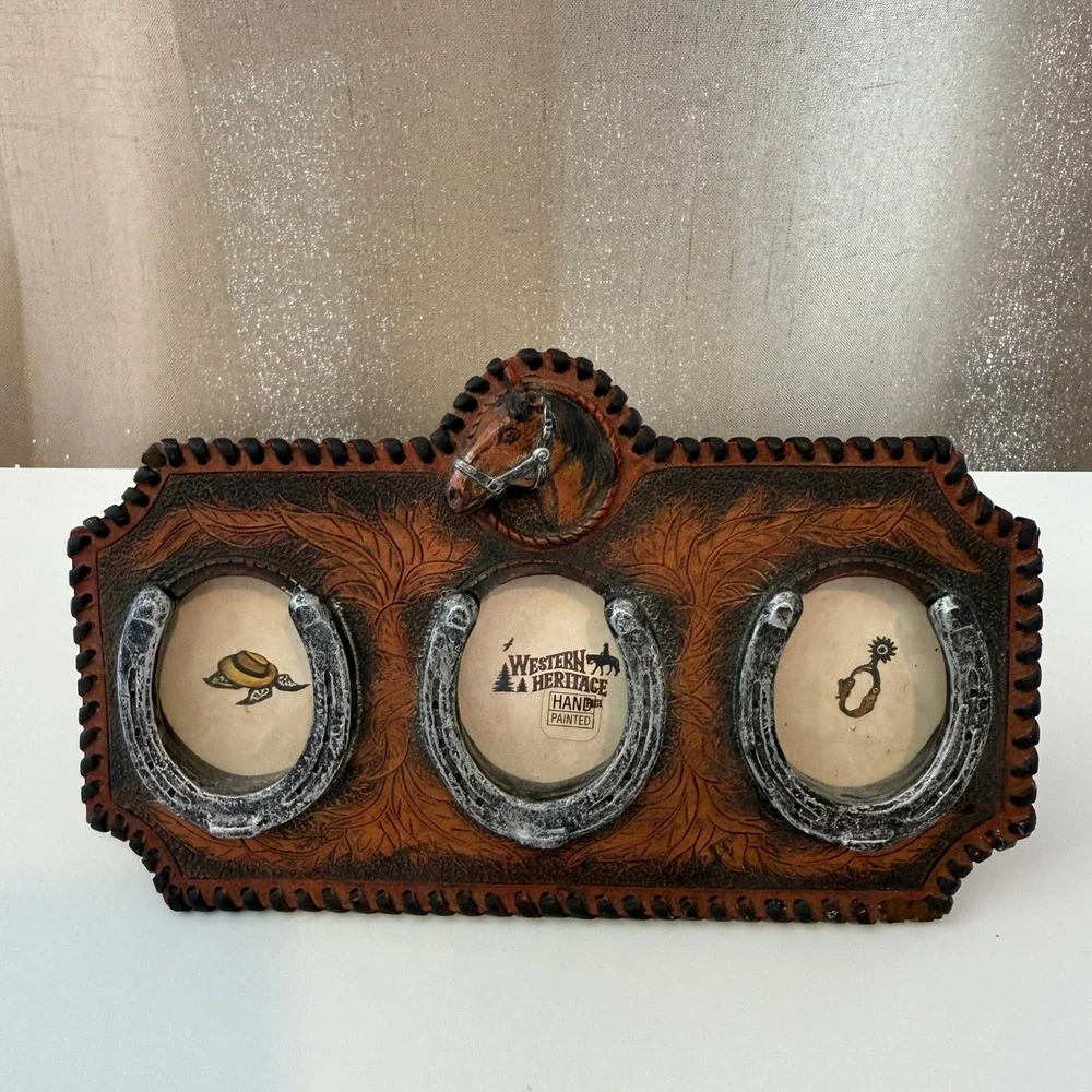 Western Heritage Triple Horseshoe Picture Frame Hand Painted Horse Head Decor